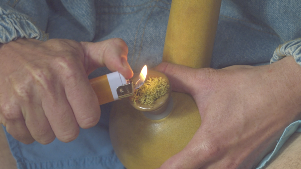 Screen grab from Dome Zone showing moss being lit in a stylish bong.